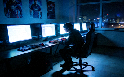 电竞选手在训练基地深夜独自练习的孤独身影