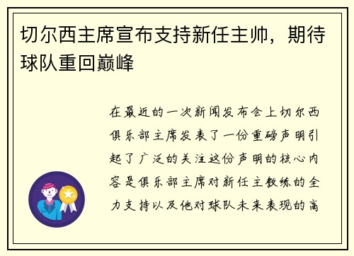 切尔西主席宣布支持新任主帅，期待球队重回巅峰